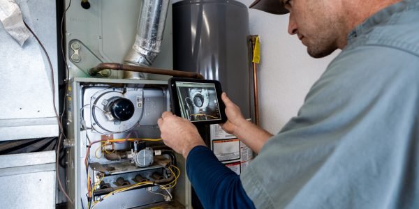 Young Male Property Inspector Photographing a Furnace Hot Water Heater and Air Conditioning Unit Inside a Residential Home Garage